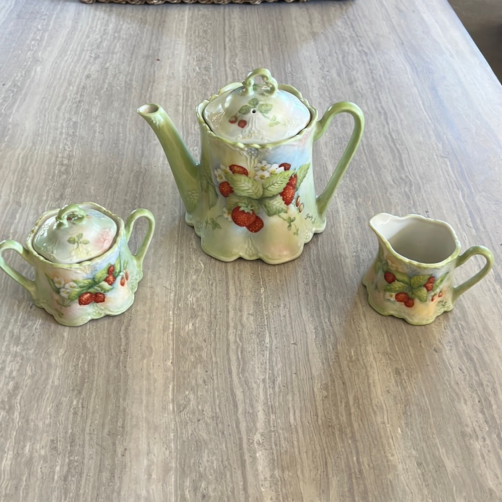 Hand Painted Mint Green Strawberry Tea set (3 pieces)